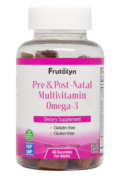 Frutolyn pre and post-natal multivitamin with omega-3 fish oil gummy bottle (home page)